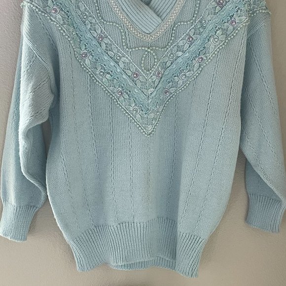 Vintage Jaclyn Smith Sweater Pastel Blue Fairy Kei Core Beaded Floral Lace 80s - Picture 4 of 11